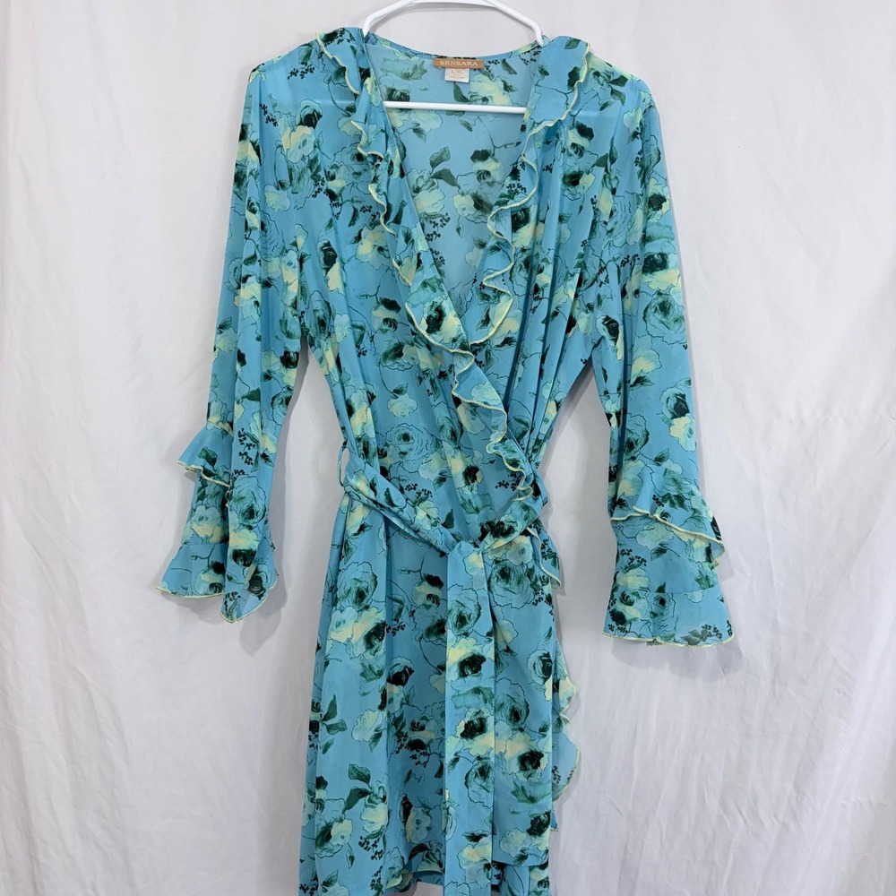 Sensara Blue Floral Wrap Dress Ruffle Bell Sleeve Tie Waist Dress  Alternative: